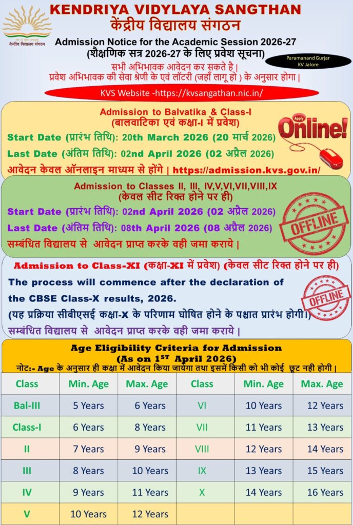 KVS ADMISSION NOTIFICATION FOR 2026-27
